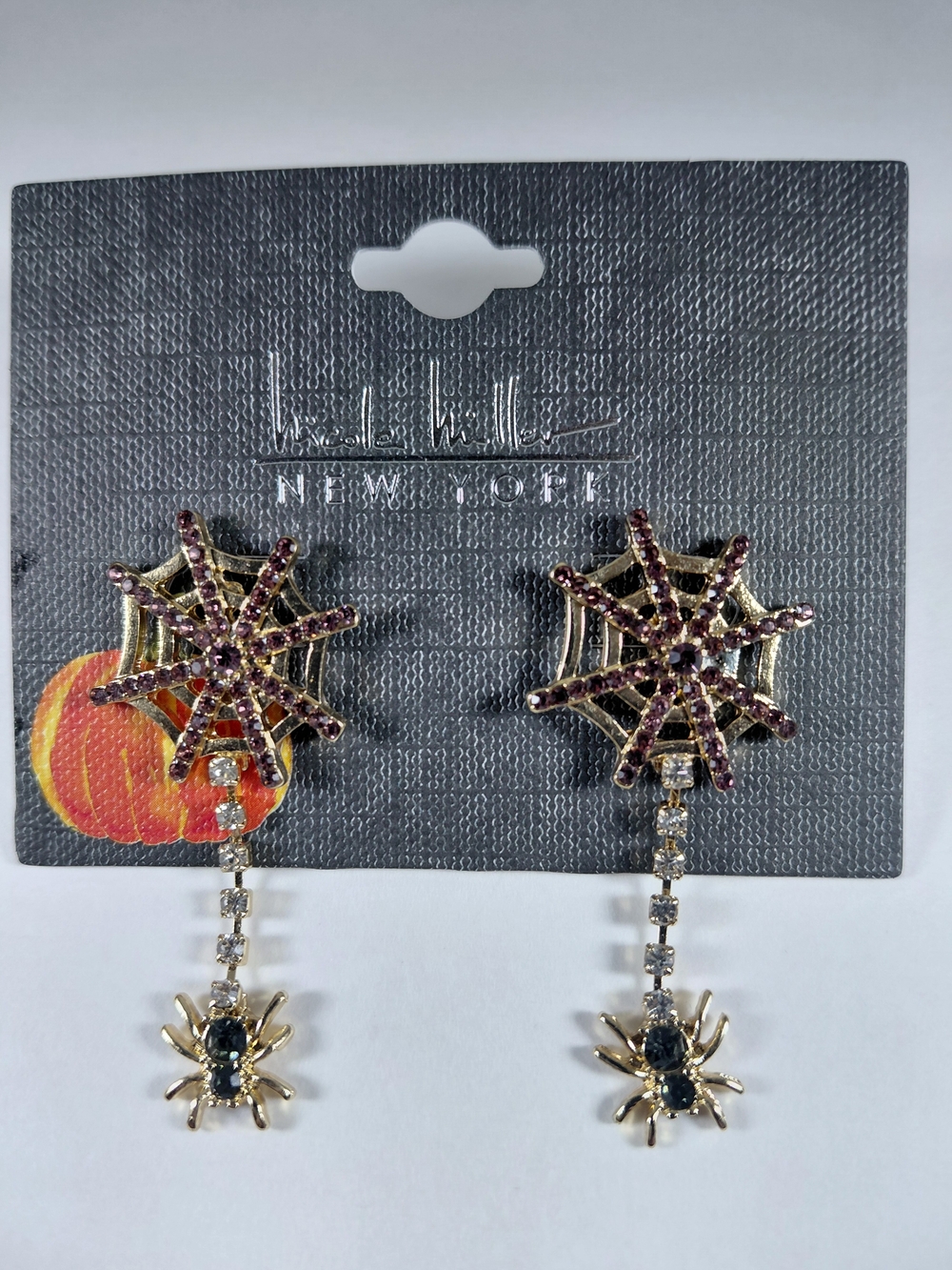 Nicole Miller Gold Tone Purple Web and Spider Drop Earrings